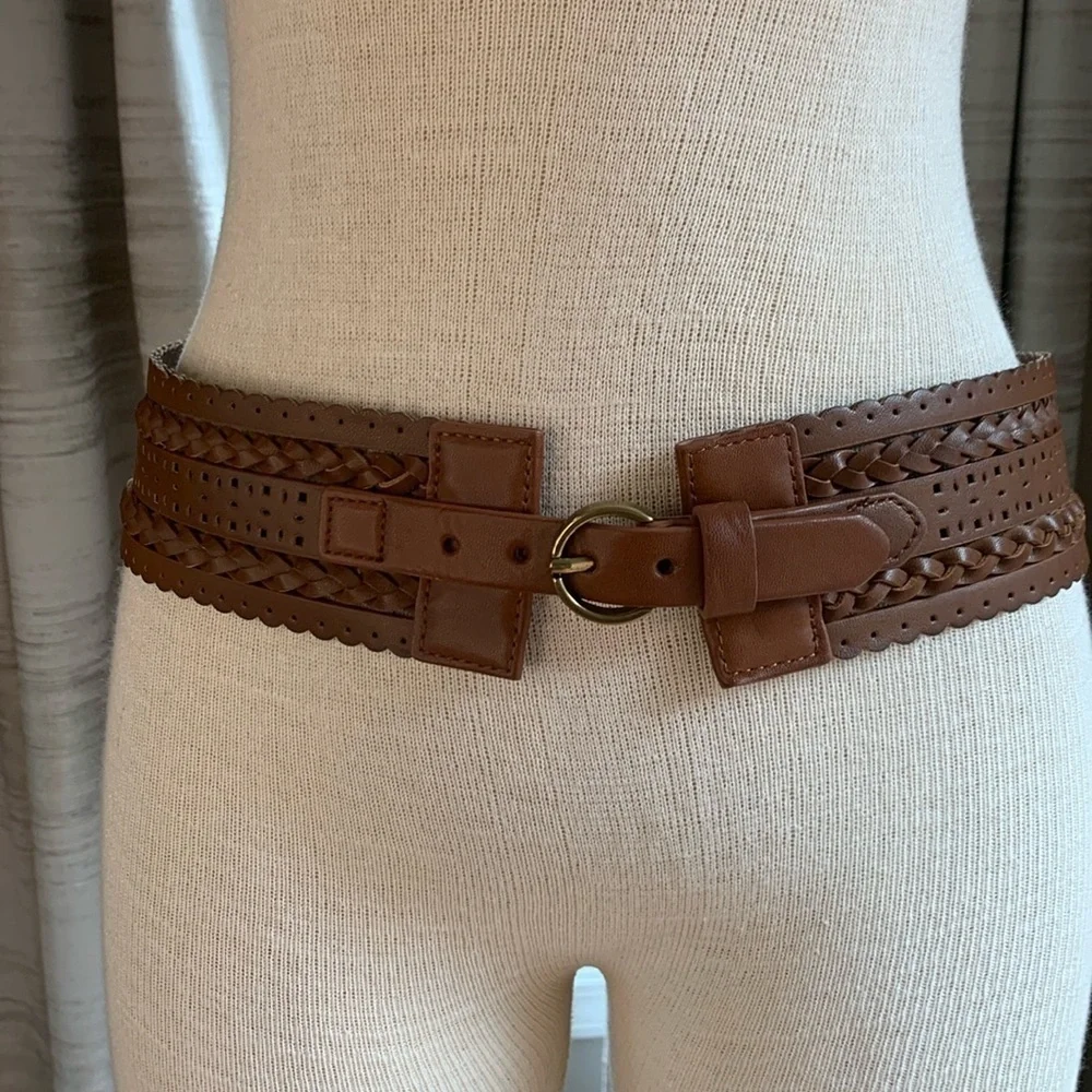 Vegan leather look wide belt with elastic back and gold buckle